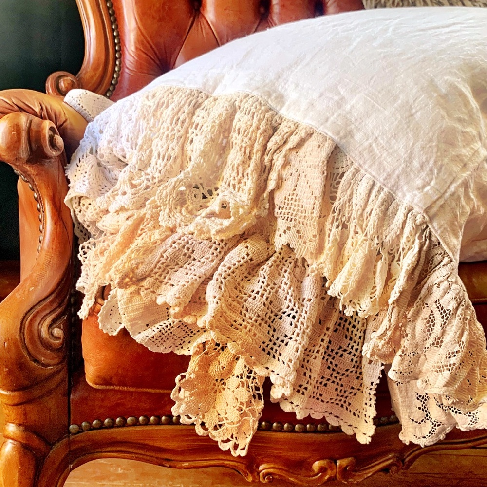 King Size Linen Pillow Shams with Vintage Crochet and Lace Ruffled Edge
